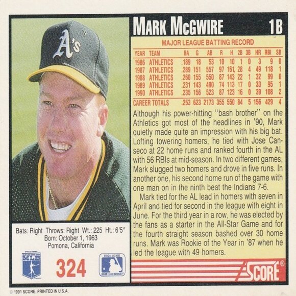 Mark McGwire (Oakland Athletics) 1991 Score '91 Series MLB Card - Number 324 - Picture 2 of 2